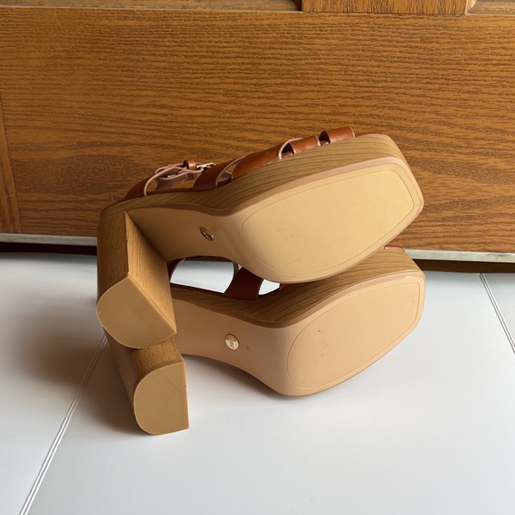 Zara Retro Leather Platform Tan / Brown Block Heels Strappy Sandals - Picture 5 of 6